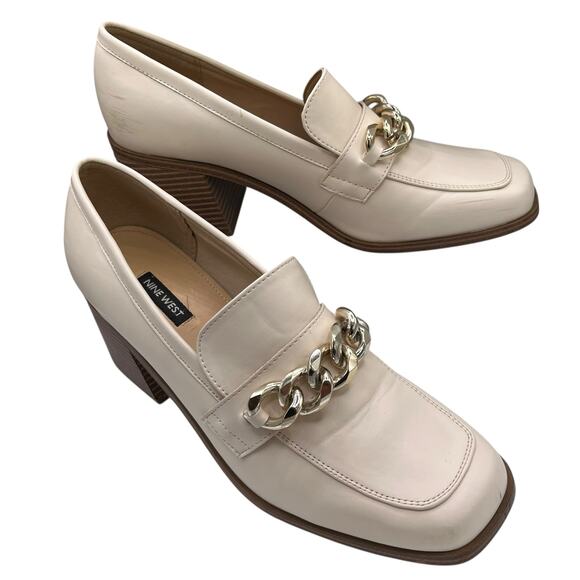 Nine West Cream Loafers Chain Detail 10 Block Heel Square Toe Business Office - Picture 1 of 5